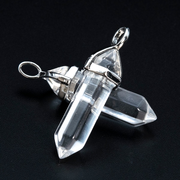 2 Pcs - 39x8MM Crystal Clear Quartz Natural Bead Healing Hexagonal Pointed Pendant Silver Plated Cap Bulk Lot Options (111100-3320)