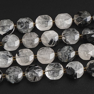 Black White Rutilated Quartz Beads Grade AA 8MM 10MM Genuine Natural Gemstone Faceted Coin Loose Beads 15&quot;/7.5&quot; Bulk Lot Options