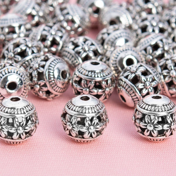 10MM Antique Silver Tone Tibetan Spacer Beads Round 5 Pcs Bulk Lot Options (60222-1548)