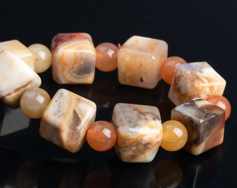 9MM Brown Cream Agate Beads Bracelet Grade AAA Genuine Natural Beveled Edge Faceted Cube Gemstone 7" (119315h-3645)