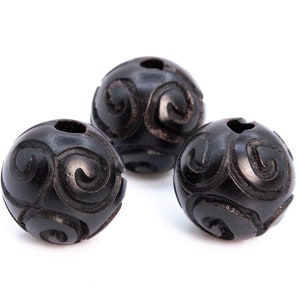 6 Pcs 12MM Natural Ebony Black Sandalwood Handcrafted Beads Clouds Carved Round Bulk Lot Options (80184-598)