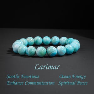 8/9/10mm Dominican Larimar Bracelet | Premium Ocean Teal With Cloudy White Vein Natural Gemstone Gift for Women image 2