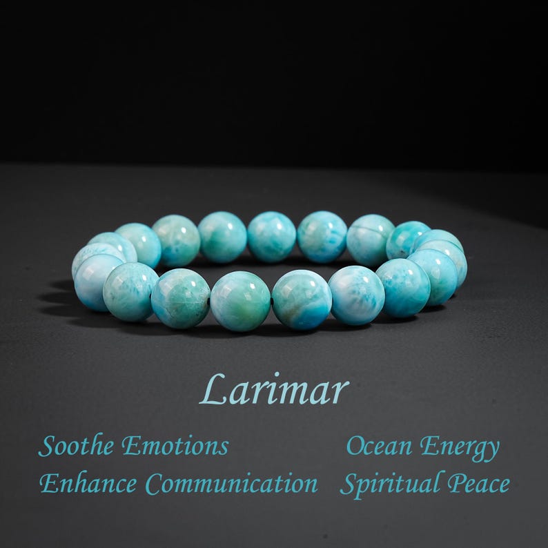 8/9/10mm Dominican Larimar Bracelet | Premium Ocean Teal With Cloudy White Vein Natural Gemstone Gift for Women image 2