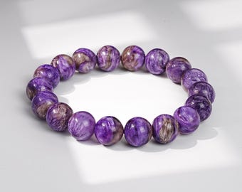 8/9/10/12 MM Natürliche Sibirische Charoit Armband mit Royal Purple Swirl Schwarzer Glimmer, Premium Chakra Heilung Geschenk für Frauen Männer
