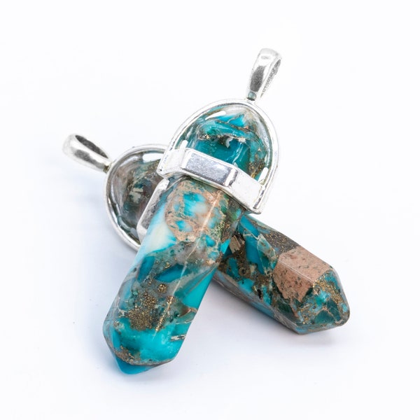 2 Pcs 31x8MM Lake Blue Copper Bronze Imperial Jasper Beads Healing Hexagonal Pointed Grade AA Synthetic Stone Silver Plated Cap(113057-3636)