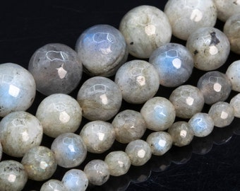 Cuentas de labradorita gris de grado A, piedra preciosa natural genuina, microfacetadas, redondas y sueltas de 6 mm, 8 mm, 10 mm y 12 mm. Opciones de lotes al por mayor.