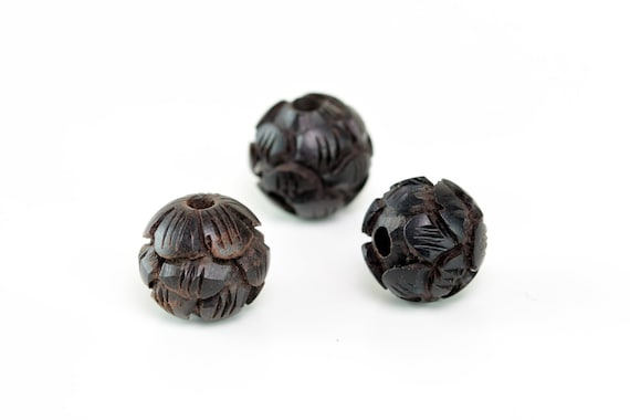 8 Pcs 10MM Natural Ebony Black Sandalwood Handcrafted Beads Three Layer Lotus Flower Carved Round Bulk Lot Options (80159-607)