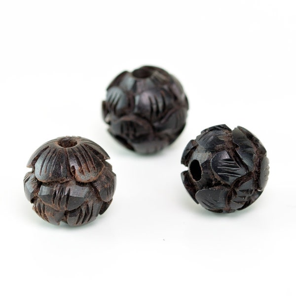 8 Pcs 10MM Natural Ebony Black Sandalwood Handcrafted Beads Three Layer Lotus Flower Carved Round Bulk Lot Options (80159-607)