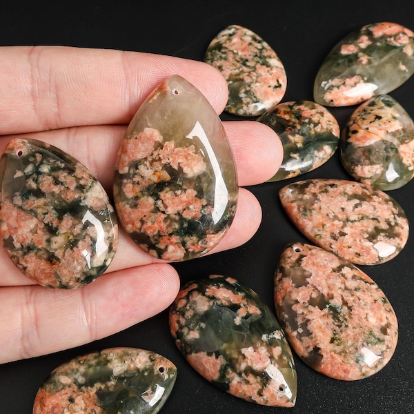Cherry Blossom Quartz Agate Teardrop Pendant Peach Green One of a Kind Gemstone Necklace