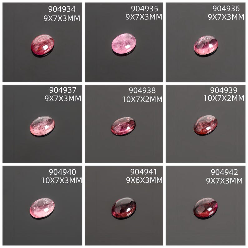 May include: Nine oval-shaped gemstones in varying shades of pink and red, displayed on a dark surface. Each stone has a unique internal pattern. The dimensions of each stone are listed above each gemstone in millimeters.