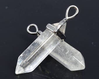 2 Pcs - 39x8MM Clear Crystal Quartz Natural Bead Hexagonal Pointed Pendant Silver Plated Cap Bulk Lot Options (102512-534)