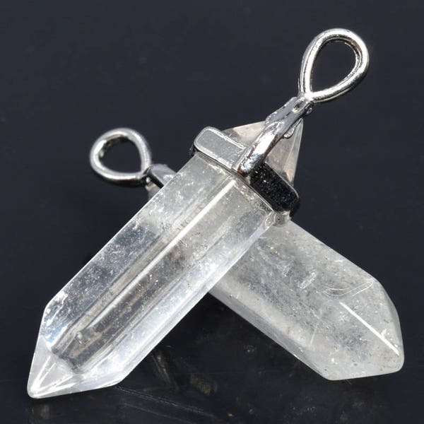 2 Pcs - 39x8MM Clear Crystal Quartz Natural Bead Hexagonal Pointed Pendant Silver Plated Cap Bulk Lot Options (102512-534)