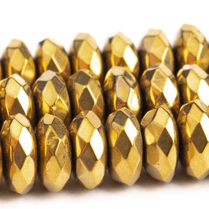 7x3MM Gold Hematite Beads Grade AAA Natural Gemstone Faceted Rondelle Loose Beads 15&quot; / 7&quot; Bulk Lot Options (101684)