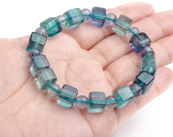 8-9MM Fluorite Beads Blue Purple Bracelet Grade AAA Genuine Natural Beveled Edge Faceted Cube Gemstone 7" (121737h-1557)