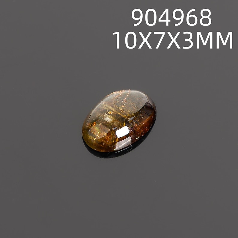 May include: An oval-shaped, polished gemstone with a mix of brown and gold tones. The gem is approximately 10mm x 7mm x 3mm. The text "904968" and "10X7X3MM" is displayed above the gem.