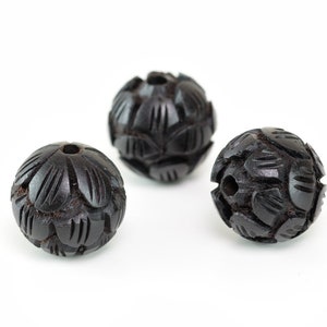 2 Pcs 18MM Natural Ebony Black Sandalwood Handcrafted Beads Three Layer Lotus Flower Carved Round Bulk Lot Options (80194-609)