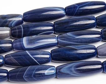 38X13MM Grade AAA Polished Blue Banded Agate Rice Beads Natural Striated Smooth Elongated Beads for Jewelry Making