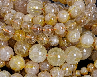 AAA Natural Golden Rutilated Quartz Crystal Bracelet 6MM 8MM 9MM 10MM 11MM 12MM 13MM 14MM Round Beads Sharp Rutile Hair Needle 7.5" Strand