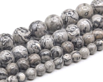 Cuentas de jaspe de encaje loco gris, grado AAA, piedras preciosas naturales genuinas, redondas, sueltas, 4 mm, 6 mm, 8 mm, 10 mm y 12 mm. Opciones de lotes al por mayor.