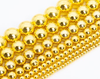 18K Golden Tone Hematite Beads Grade AAA Gemstone Round Loose Beads 2MM 4MM 6MM 8MM 10MM 12MM Bulk Lot Options