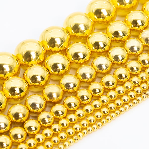 18k Gold Tone Hematite Beads Grade AAA Gemstone Round Loose Beads 2MM 4MM 6MM 8MM 10MM 12MM Bulk Lot Options