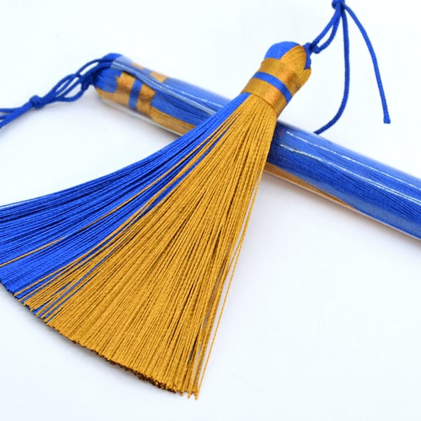 2 Pcs 3.93" / 10CM Gold Blue Tassel 1CM Thickness Polyester Handcraft Tassels Jewelry Making Bulk Lot Options (65345-2754)