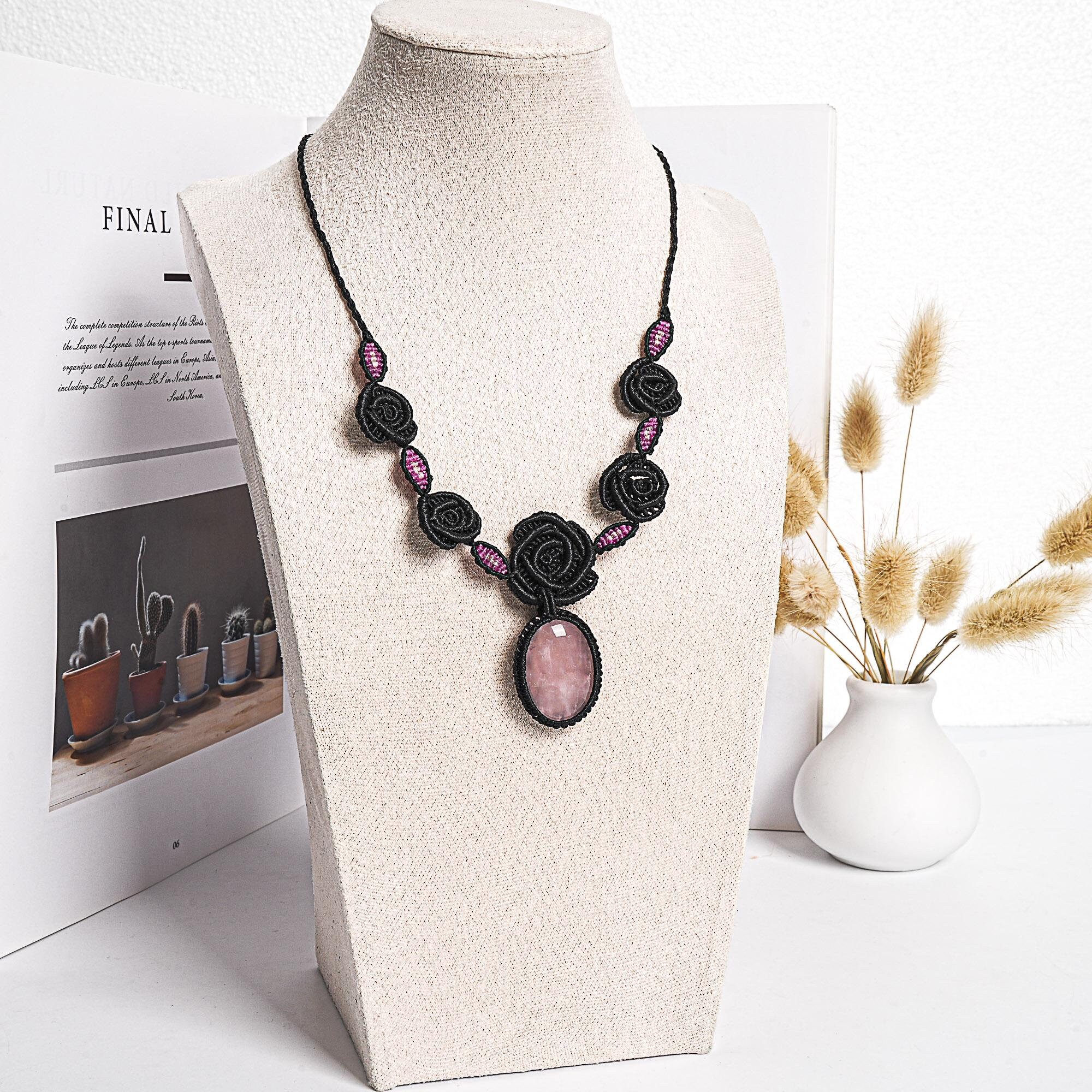 ローズクォーツ マクラメネックレス 本物の天然グレードAAAローズ