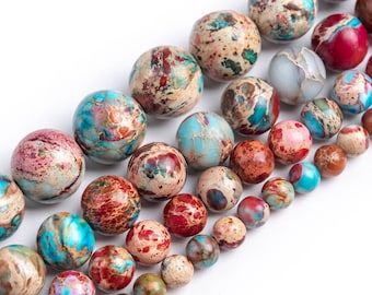 Red & Light Blue Sea Sediment Imperial Jasper Beads Grade AAA Gemstone Round Loose Beads 4MM 6MM 8MM 10MM Bulk Lot Options