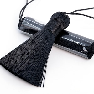 Peut inclure: Un pompon noir avec une longue frange fine et un cordon noir. Le pompon est enroulé autour d'un tube en plastique transparent.