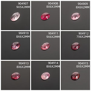 May include: Nine oval-shaped gemstones in shades of pink and red are displayed against a black background. Each gem has a unique pattern and is labeled with a product code and dimensions in millimeters, such as 9x5x2mm.