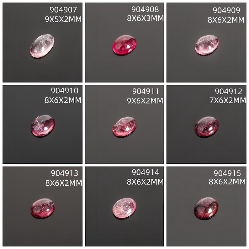 May include: Nine oval-shaped gemstones in shades of pink and red are displayed against a black background. Each gem has a unique pattern and is labeled with a product code and dimensions in millimeters, such as 9x5x2mm.