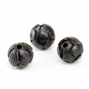 8 Pcs 8MM Natural Ebony Black Sandalwood Handcrafted Beads Three Layer Lotus Flower Carved Round Bulk Lot Options (80158-607)