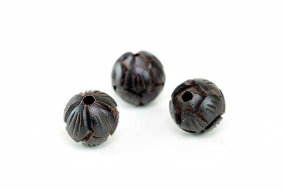 8 Pcs 8MM Natural Ebony Black Sandalwood Handcrafted Beads Three Layer Lotus Flower Carved Round Bulk Lot Options (80158-607)