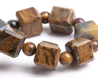 Bransoletka z koralików Pietersite 9 mm, brązowa, klasa A, prawdziwy naturalny kamień szlachetny o fazowanych krawędziach, szlifowany, sześcienny, 7 cali (121696h-1488)