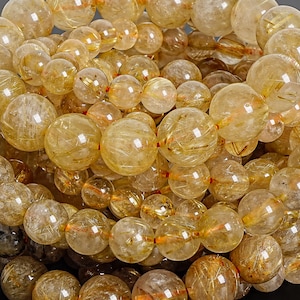 Natural Gold Rutile Quartz Bead Bracelet 7.5&quot; Gold Rutile Quartz Bracelet 7MM 8MM 9MM 12MM Grade A Round Bead Bracelet Gemstone Bracelet