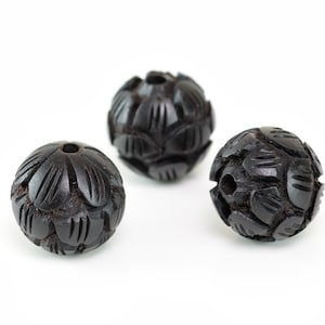 2 Pcs 18MM Natural Ebony Black Sandalwood Handcrafted Beads Three Layer Lotus Flower Carved Round Bulk Lot Options (80177-608)