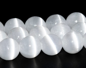 Cuentas de selenita blanca perlada ojo de gato, gema natural auténtica de grado AAA, redondas, sueltas, de 6 mm, 8 mm y 10 mm. Opciones de lote a granel.
