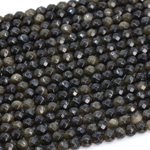 4MM Golden Obsidian Beads Grade AAA Genuine Natural Gemstone Faceted Round Loose Beads 15&quot;/ 7.5&quot; Bulk Lot Options (107266)