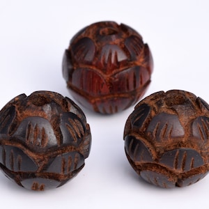 4 Pcs 12MM Natural Red Sandalwood Handcrafted Beads Three Layer Lotus Flower Carved Round Bulk Lot Options (80167-608)