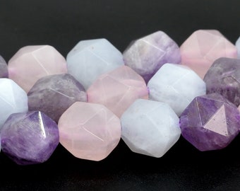 May include: A strand of faceted gemstone beads in shades of pink, purple, and blue. The beads are shaped like stars and have a polished finish.