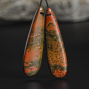 Unique Natural Red Creek Jasper Earring Pair Grade AAA 45X12X5MM Drilled Teardrop Matched Earring Bead Pair Only One(99972)