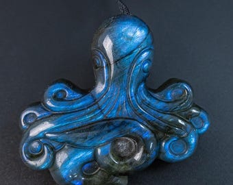 Genuine Natural Light Blue Flash Labradorite Octopus Pendant Grade AA Gemstone