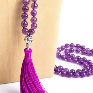 8MM Amethyst Mala Beads 108 Pcs Grade AA Necklace 41" Genuine Natural Round Gemstone with Tassel BULK LOT 1,3,5,10,50 (106814-084)