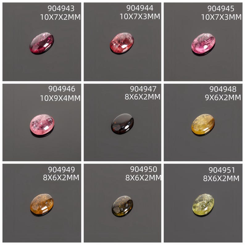 May include: Nine oval gemstones in various colors, including pink, black, and yellow. Each stone is labeled with a unique number and dimensions in millimeters. The gemstones are displayed on a dark surface.