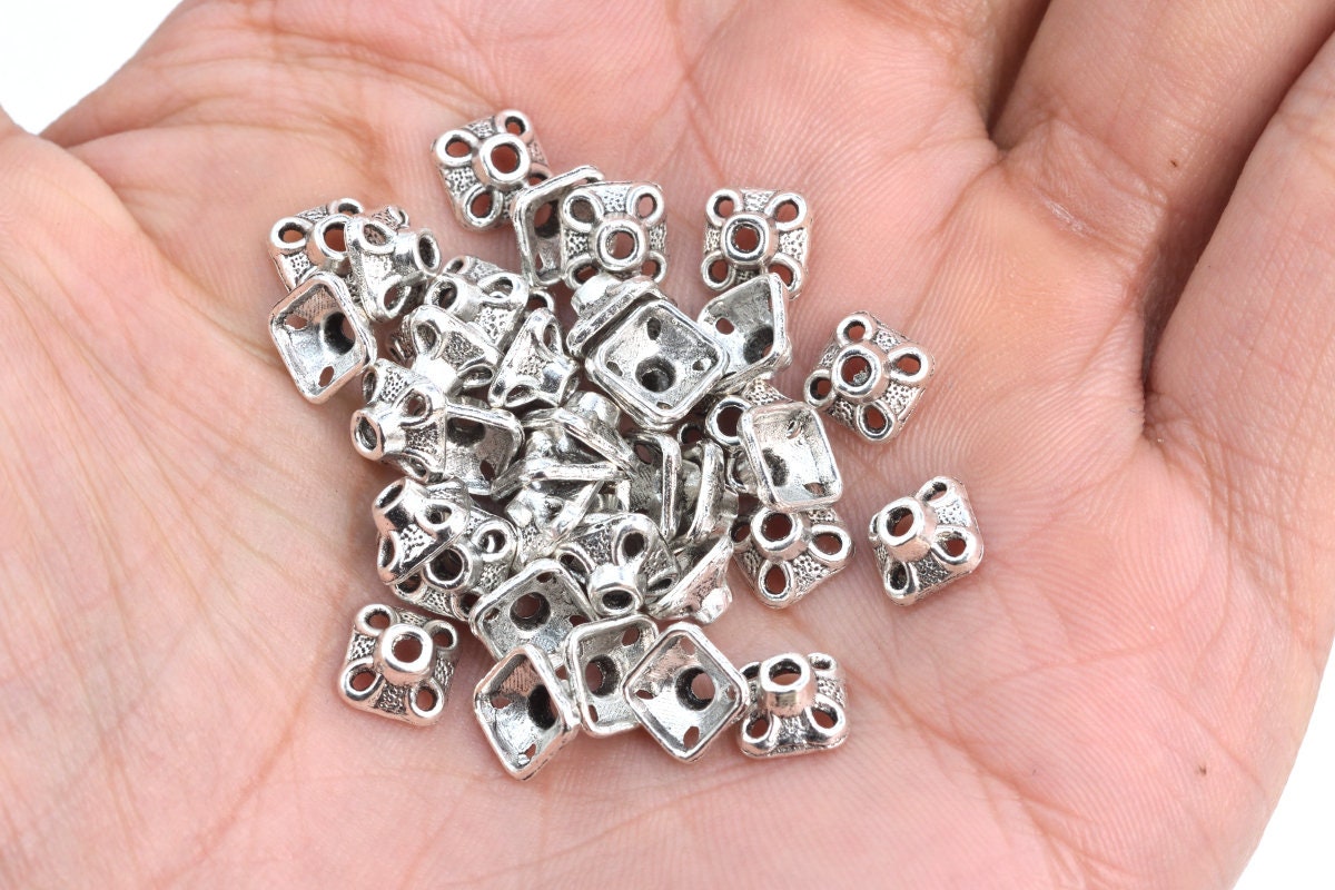 7x4mm Square Bead Cap Antique Silver Tone Zinc Alloy 50 Pcs Bulk