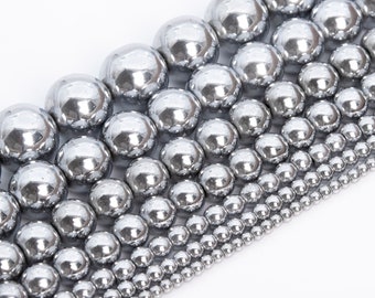 Silver Hematite Beads Grade AAA Gemstone Round Loose Beads 2MM 3MM 4MM 6MM 8MM 10MM 12MM Bulk Lot Options