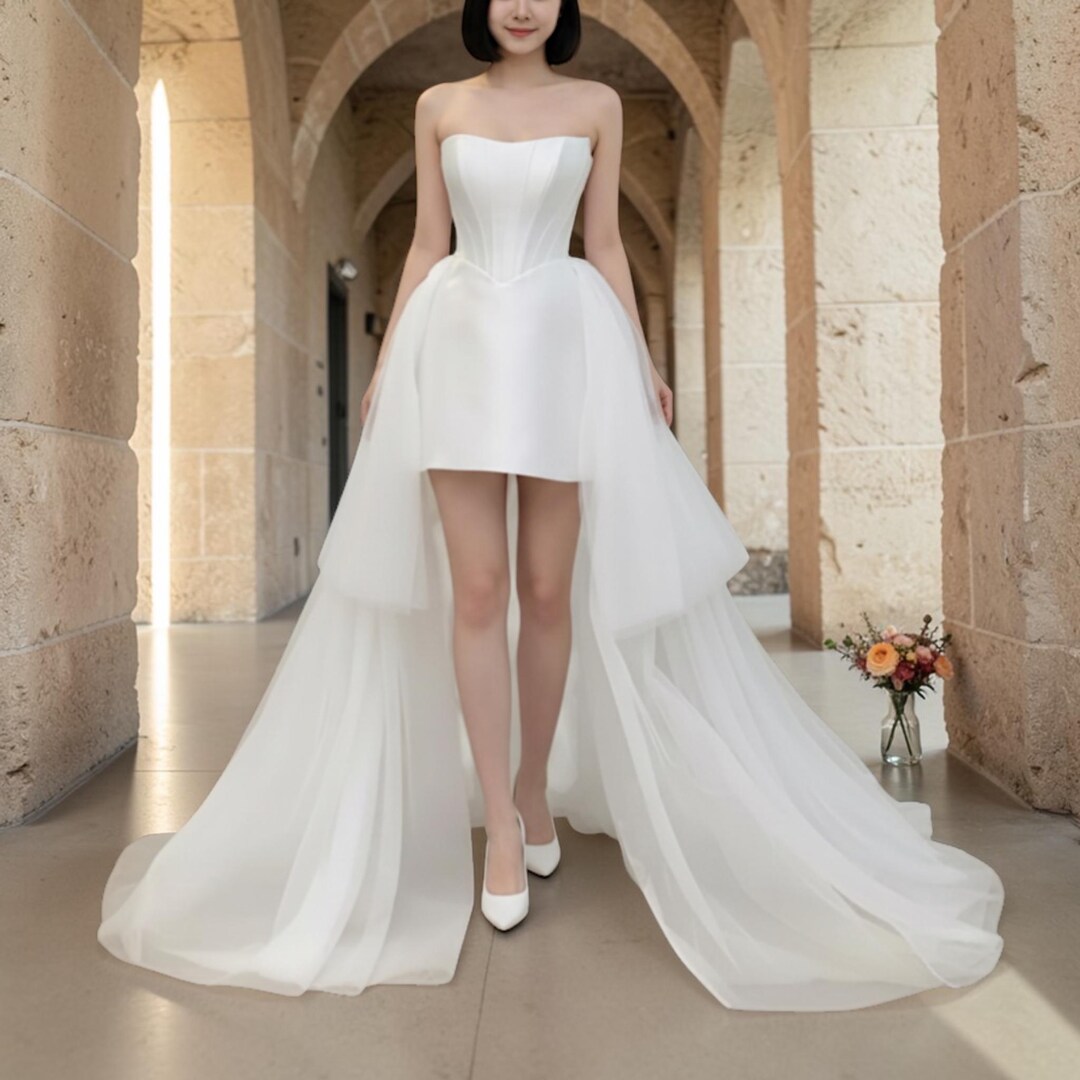 Train Reception Strapless High Low Mini Wedding Dress Short Bridal Gown With Train ...