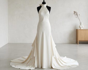Satin Halter Neck Wedding Dress Open Back Bridal Gown Minimalist Civil Ceremony Dress Custom Fit Elopement Dress