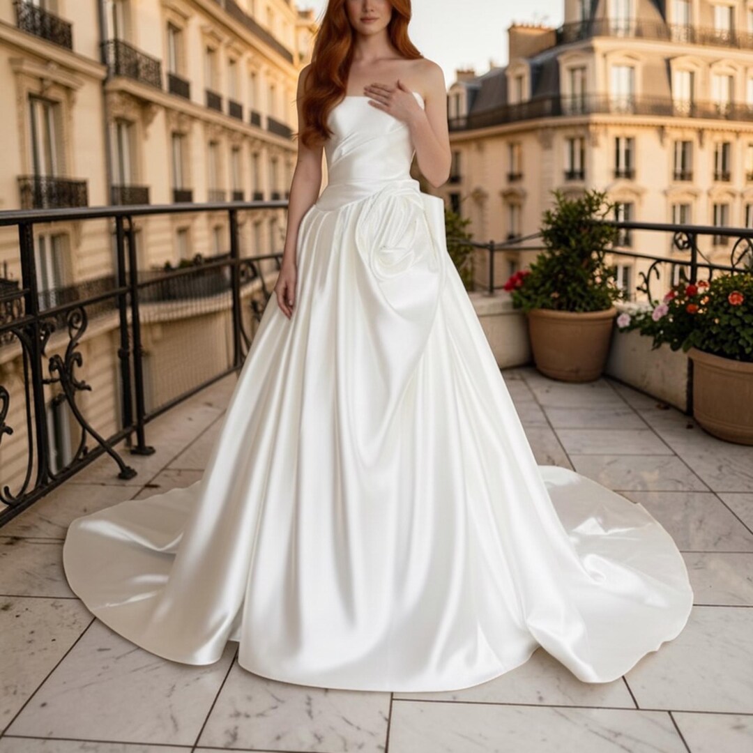 Strapless Satin Ball Gown Wedding Dress Ruched Waist Bridal Gown ...
