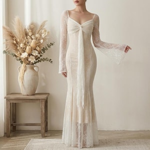 Vestido de novia de encaje estilo sirena, manga larga, escote en V, vestido de novia ajustado de encaje, elegante vestido de novia minimalista, boda romántica